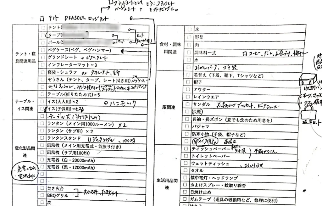 実際に書き込みながら使っているキャンプ持ち物チェック表
