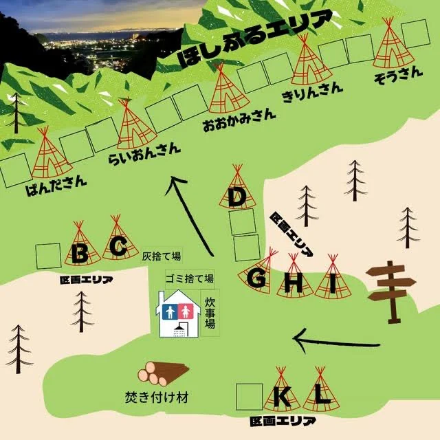 鋸南ほしふるキャンプ場の区画と施設の案内図