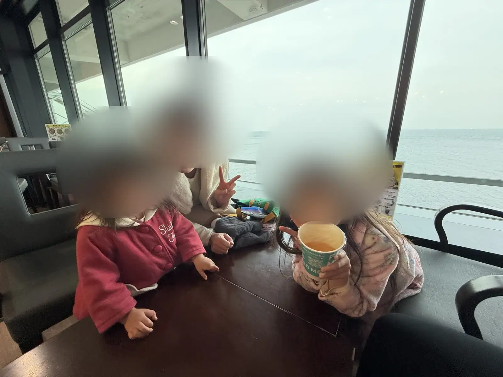 キャンプの帰りに海ほたるへ立ち寄り、海を眺めながら休憩した家族